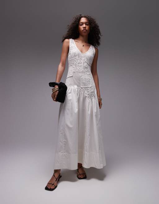 Topshop - Premium - Mouwloze midi jurk met broderie en afneembare onderjurk in ivoorwit