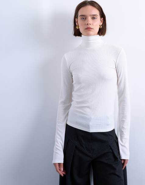 Topshop – Premium – Naturvit, ribbad topp med ståkrage och långa ärmar - view 1