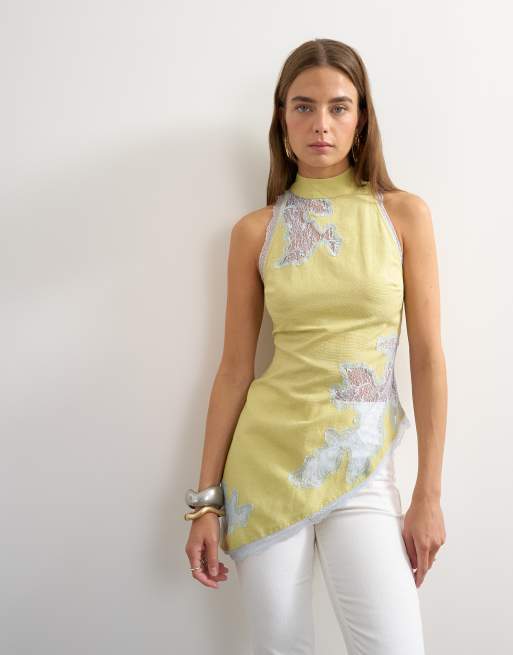 Topshop Premium Neckholder-Top mit kontrastierendem Spitzendetail in Grün, 2 von 4