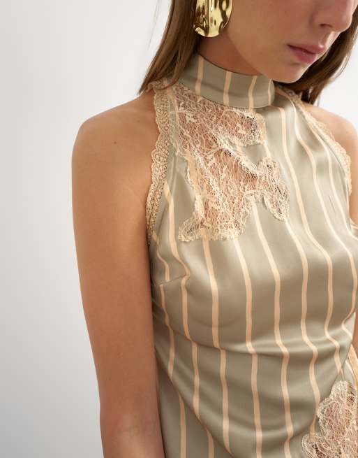 Topshop Premium Neckholder-Top mit kontrastierendem Spitzendetail in grünem Streifenmuster, 3 von 4