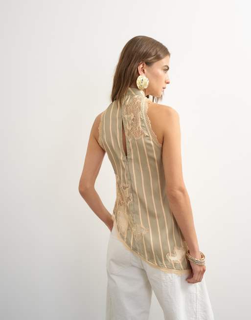 Topshop Premium Neckholder-Top mit kontrastierendem Spitzendetail in grünem Streifenmuster, 4 von 4