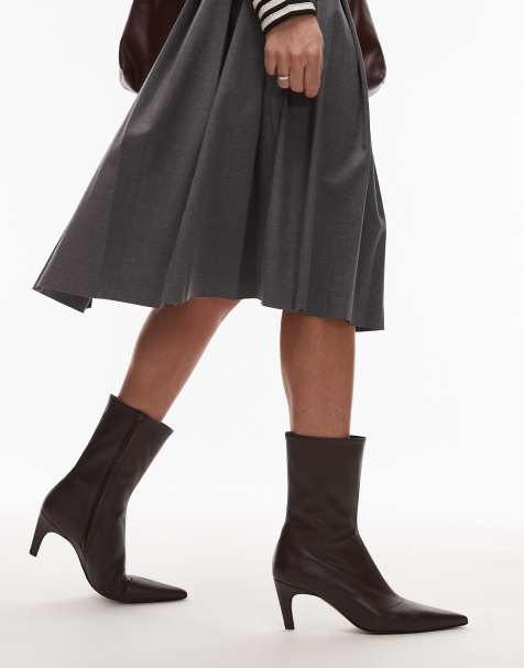 Topshop Premium – Neeve – Bordowe skórzane buty do kostki na wysokim obcasie - view 1