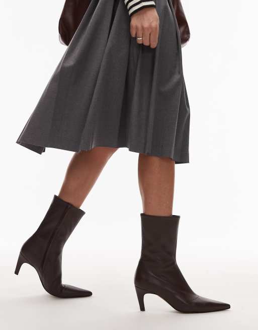 Topshop Premium – Neeve – Bordowe skórzane buty do kostki na wysokim obcasie