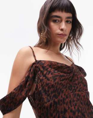 Topshop Premium Off Shoulder Cami Midi Dress In Animal Jacquard Print-multi