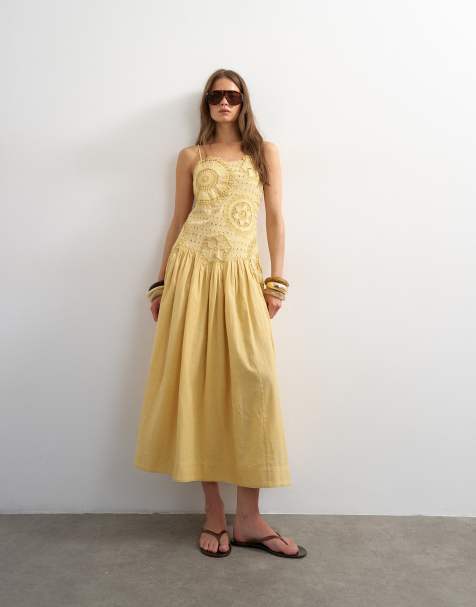 Topshop - Premium - Okkergul maxi-sommerkjole med broderier og sænket talje - view 1