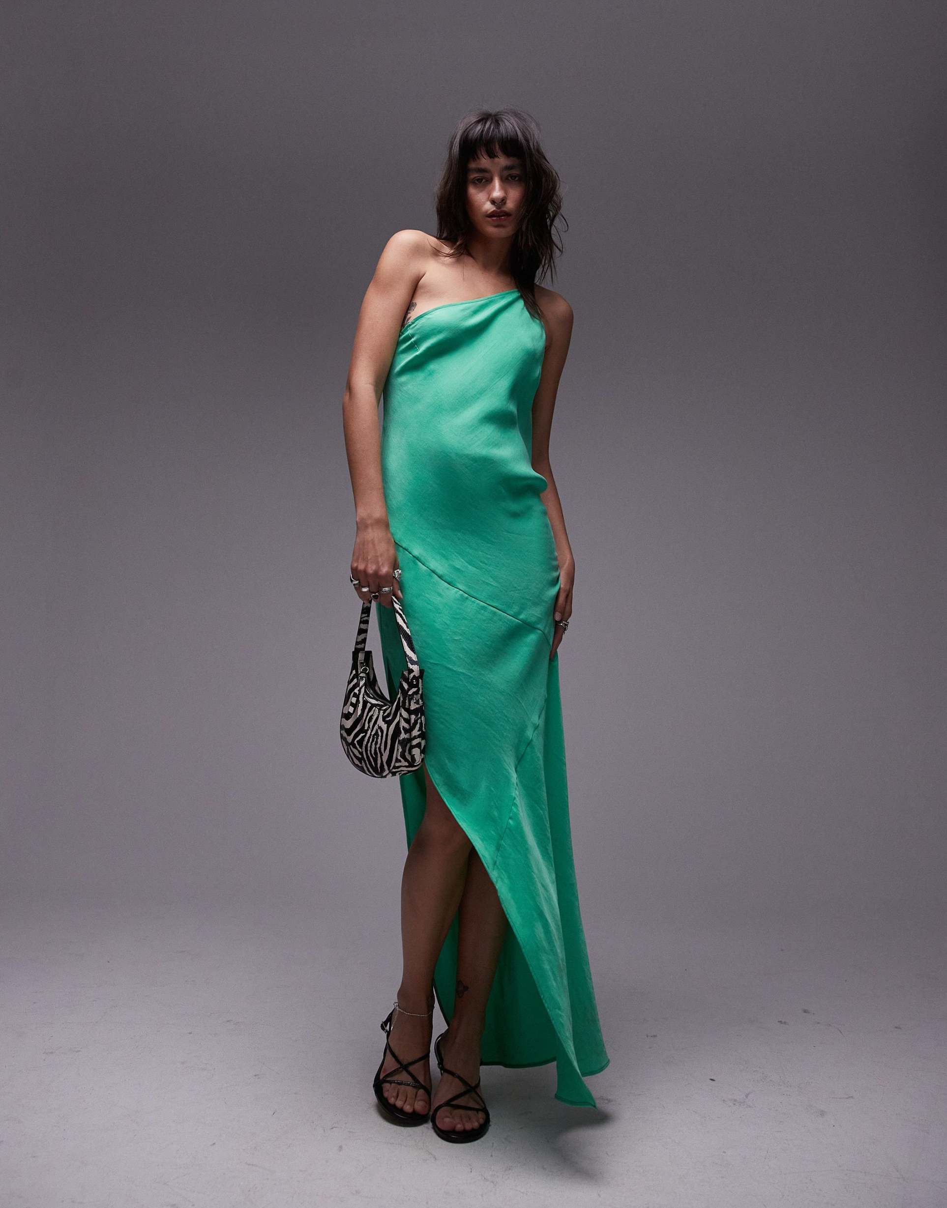 topshop premium one shoulder cut away hem midi dress in green