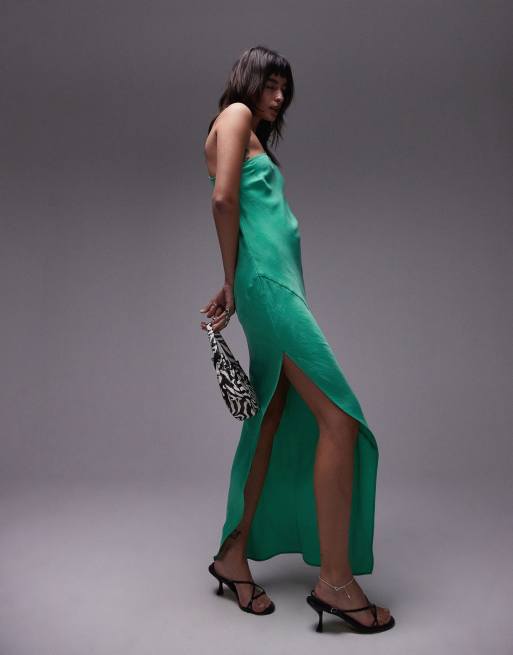 Topshop premium one shoulder cut away hem midi dress in green ASOS