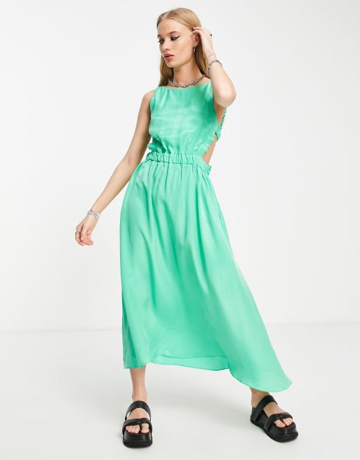 Topshop premium open back pinny midi dress in emerald green, 2 of 4