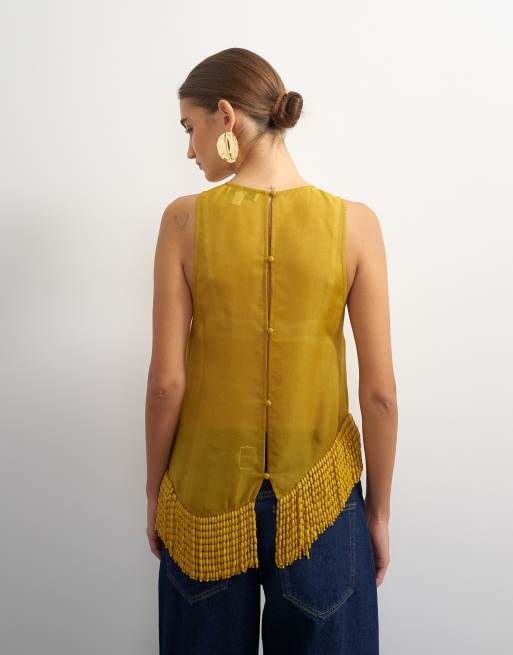 Topshop premium organza-top med perlebesat kant i sennepsgul, 4 af 4