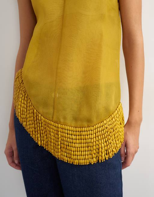 Topshop premium Organza-Top mit Perlenbesatz am Saum in Oliv, 3 von 4