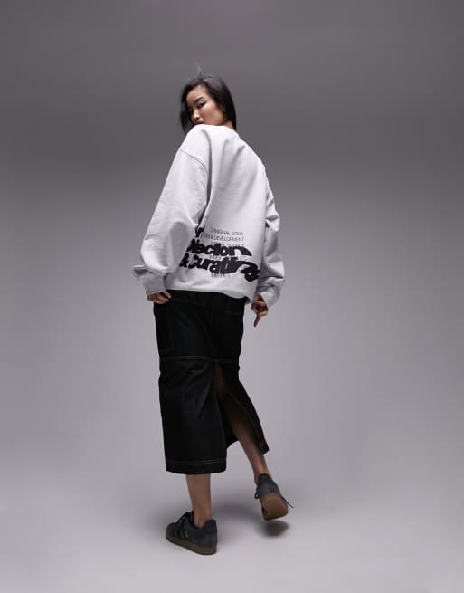 Topshop – Premium – Oversize-Sweatshirt in Grau meliert mit Vintage-Waschung und verschommener Grafik