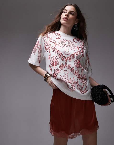 Topshop – Premium – Oversize-T-Shirt in Weiß mit Urlaubs-Stickerei - view 1