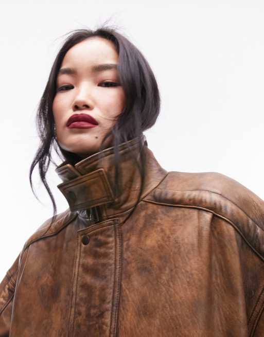 Topshop - Premium - Oversized bomberjack van echt leer in bruin, 2 van 5