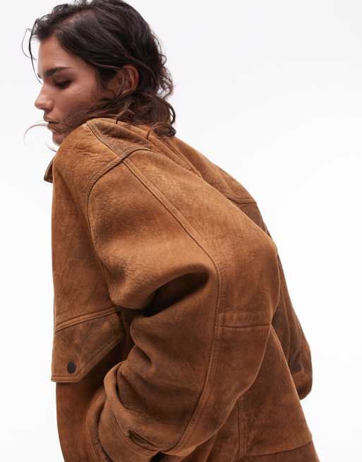 Topshop - Premium - Oversized bomberjack van echt suède in bruin, 3 van 4