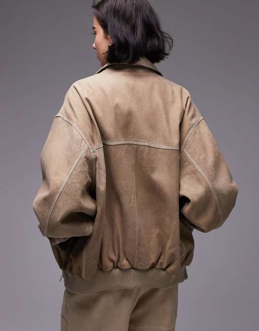 Topshop - Premium - Oversized bomberjack van zacht suède van echt leer in zandkleur, 4 van 4