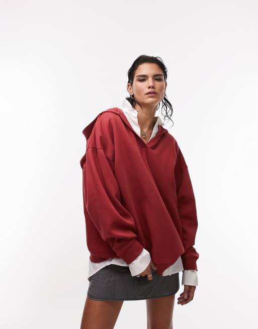 Topshop premium oversized deep v neck hoodie in dark red ASOS