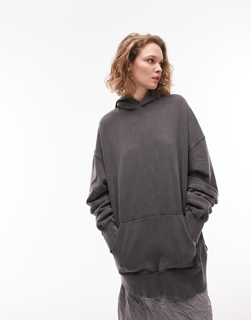 Topshop premium oversized double layered hoodie in charcoal-Grey