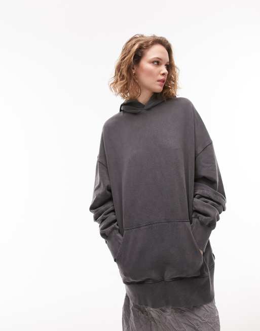 Topshop premium oversized double layered hoodie in charcoal