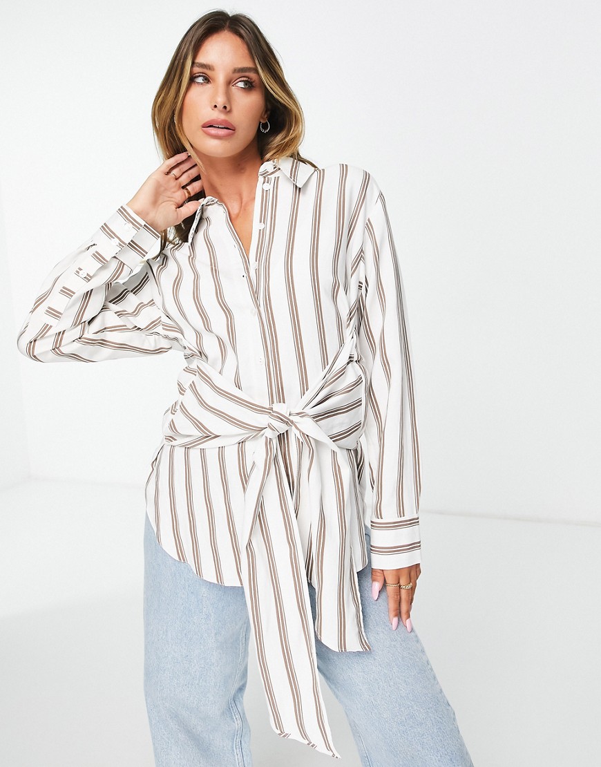 Topshop premium oversized knot front stripe shirt in chocolate-Brown