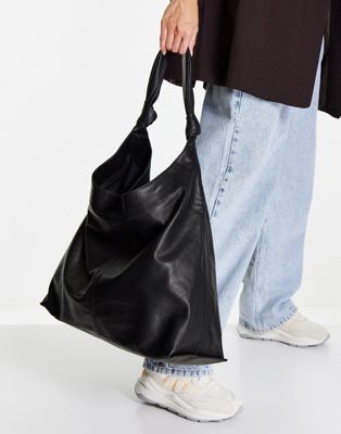 Topshop premium leather oversized knot slouch shoulder bag in black