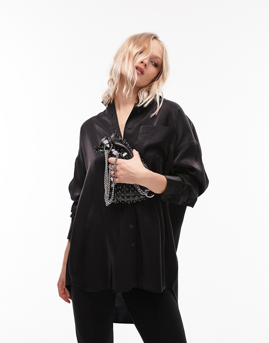 Topshop premium oversized liquid fabric shirt in black