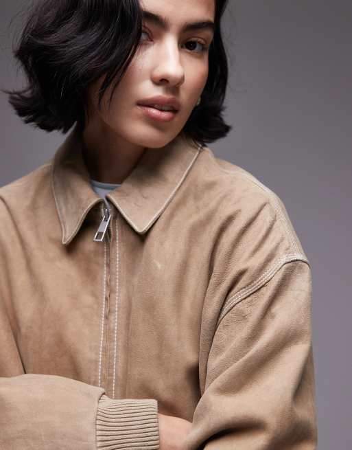 Topshop - Premium - Oversized og sandfarvet bomber-jakke i ægte blød ruskind, 3 af 4