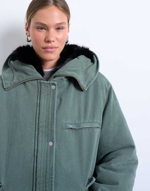 Topshop premium oversized parka with fur hood in khaki, 2 of 4