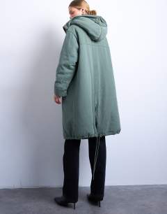 Model wearing Premium oversized parka with fur hood in khaki