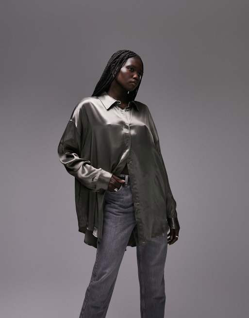 Topshop premium oversized satin shirt in khaki