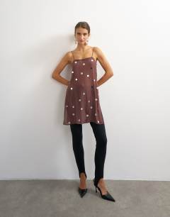 Model wearing Premium oversized sequin cami in chocolate