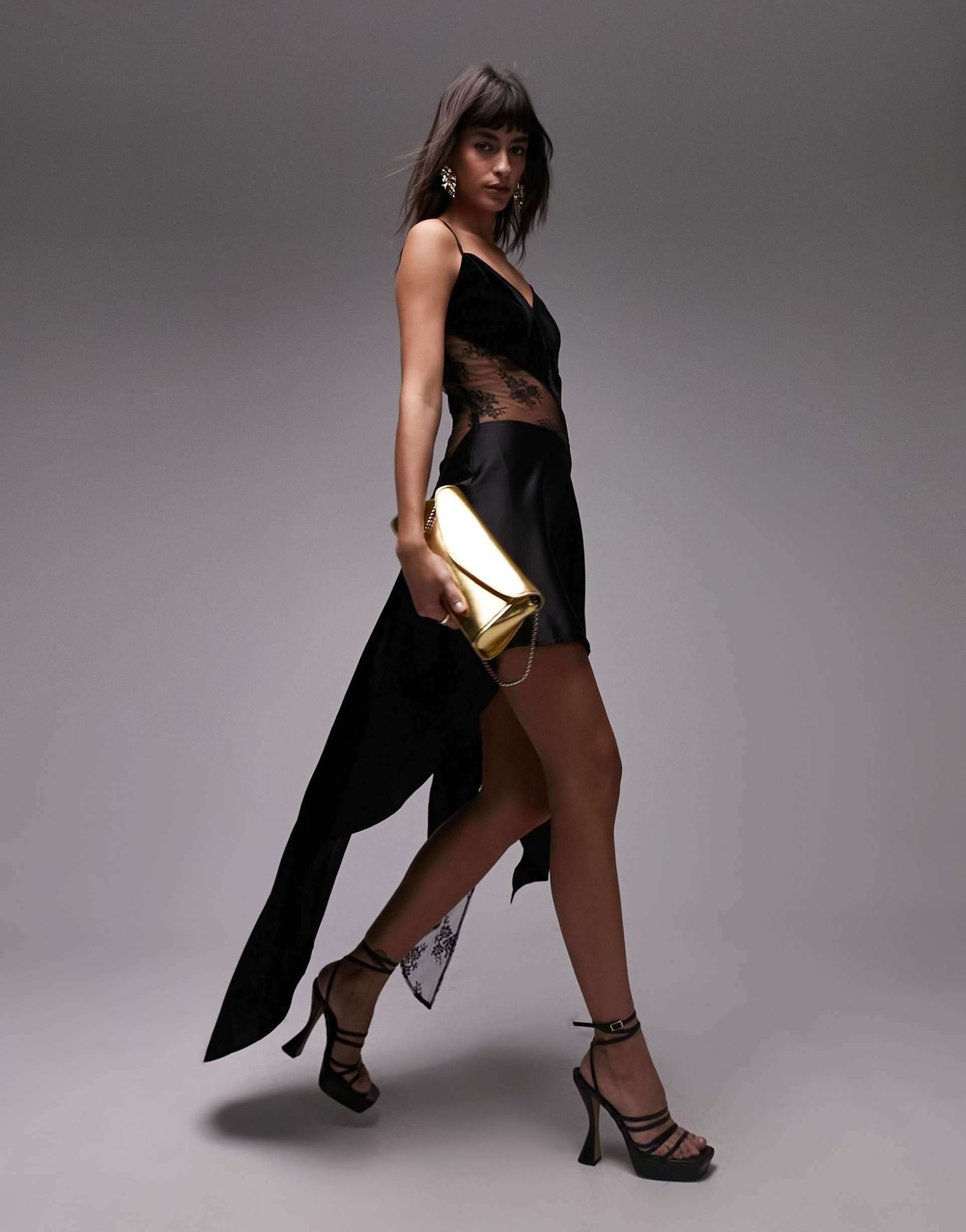 topshop premium paneled cami slip dress with velvet and lace in black