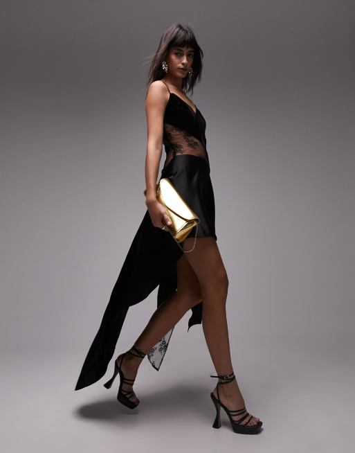 Topshop premium paneled cami slip dress with velvet and lace in black