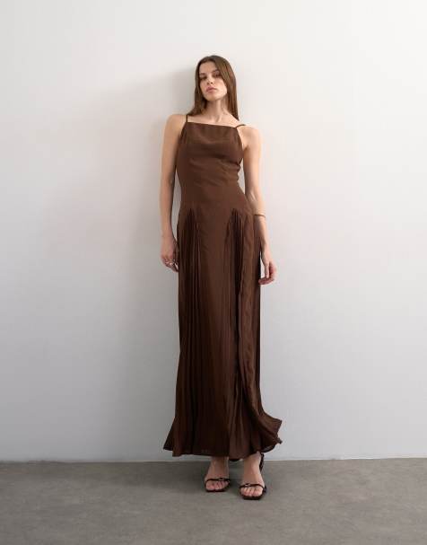 Topshop premium pleated high godet maxi dress in brown