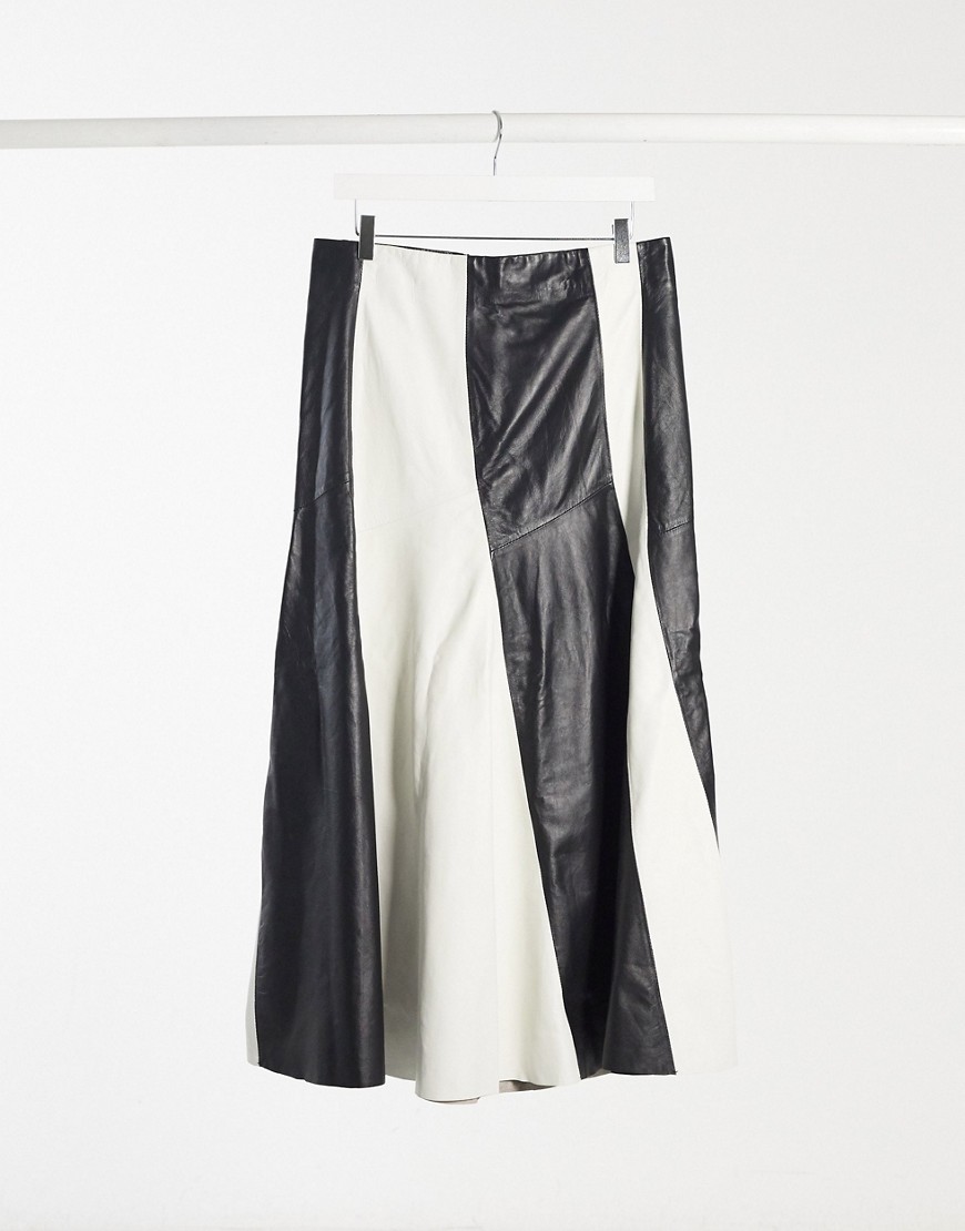 Topshop Premium pleated leather skirt with color-block design in monochrome-Black