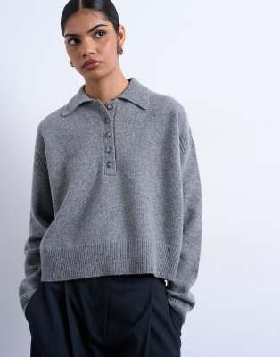 Topshop - Premium - Polo-Strickpullover aus 100% Lammwolle in Grau