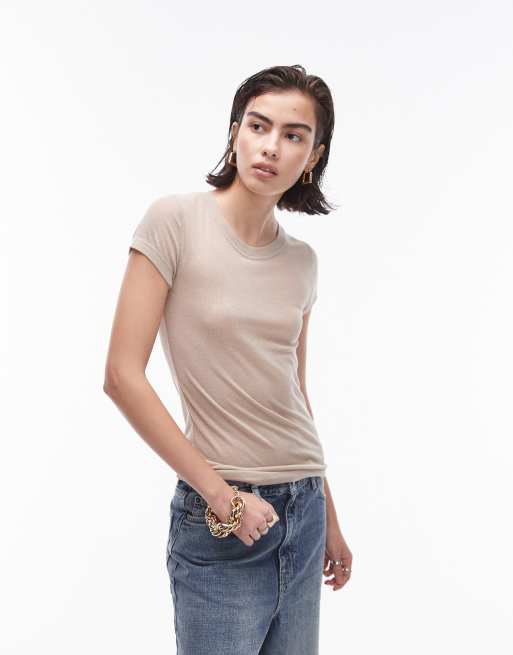 Topshop – Premium – Prążkowany prześwitujący T-shirt o wydłużonym fasonie w naturalnym kolorze