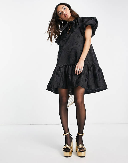 Topshop premium puff sleeve floral jacquard mini dress in black | ASOS
