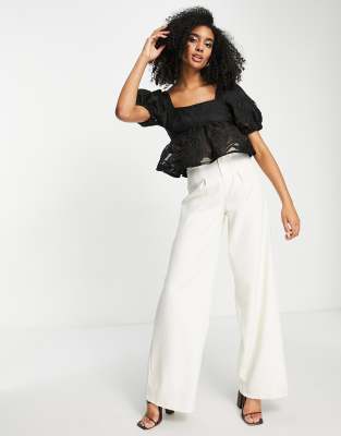 Topshop premium puff sleeve jacquard blouse in black