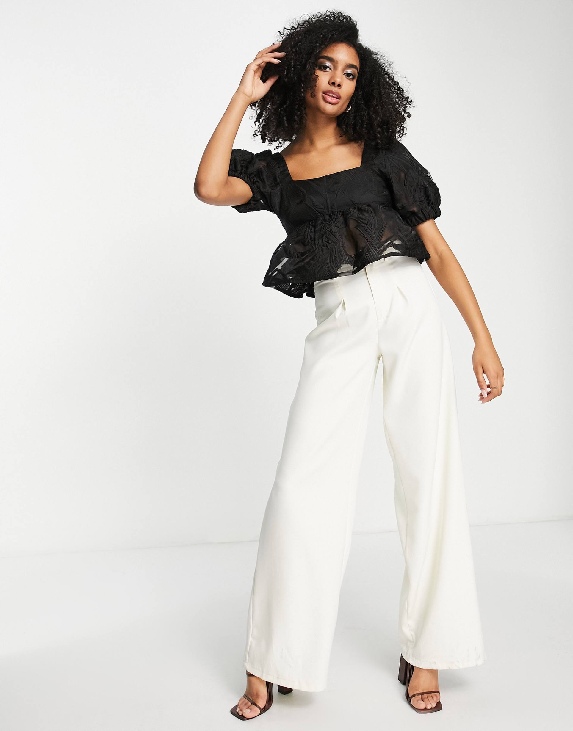 topshop premium puff sleeve jacquard blouse in black