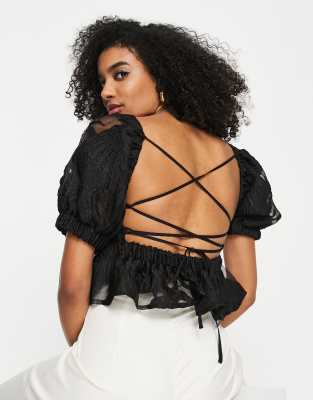 Topshop Premium Puff Sleeve Jacquard Blouse In Black
