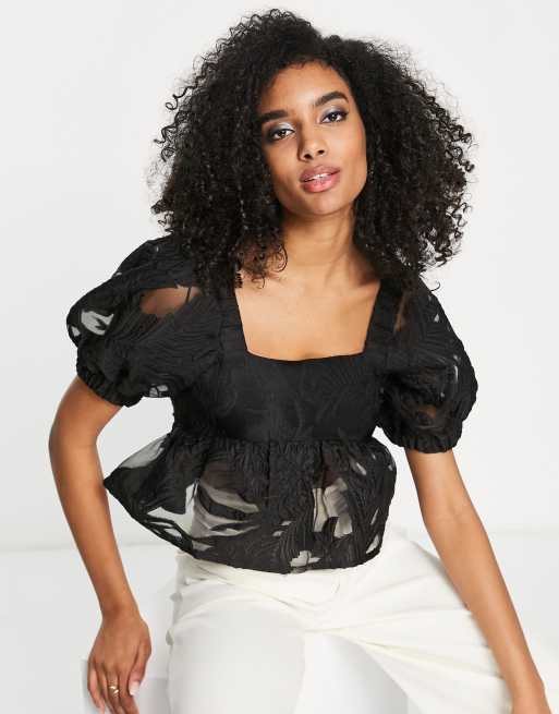 Black Puff Sleeve Jacquard Playsuit Tie Waist