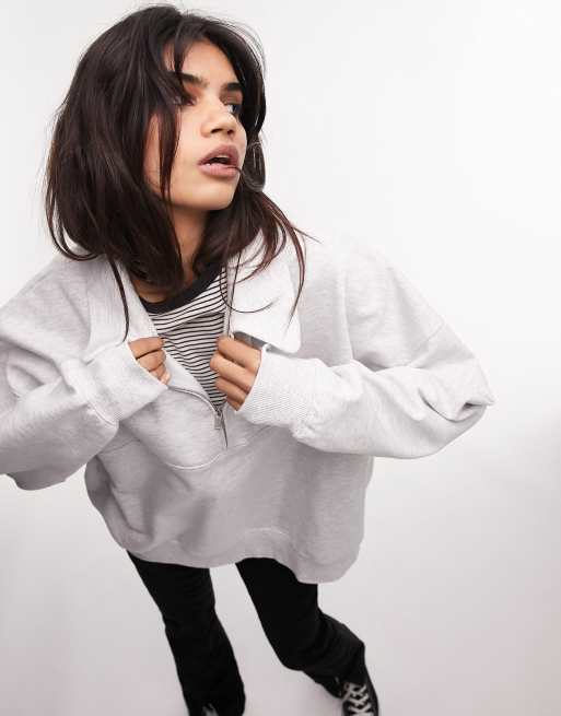 Topshop premium quarter zip collared sweat in grey marl
