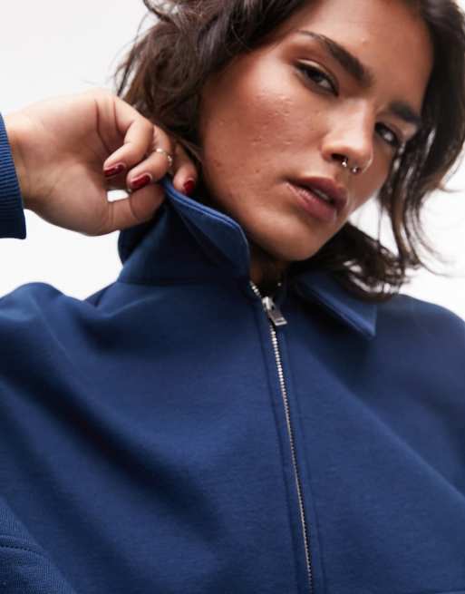 Topshop premium quarter zip collared sweat in navy