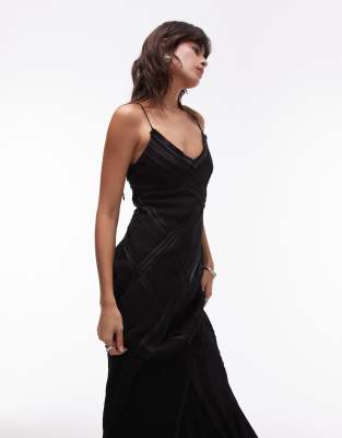 premium raw seam detail midi slip dress in black