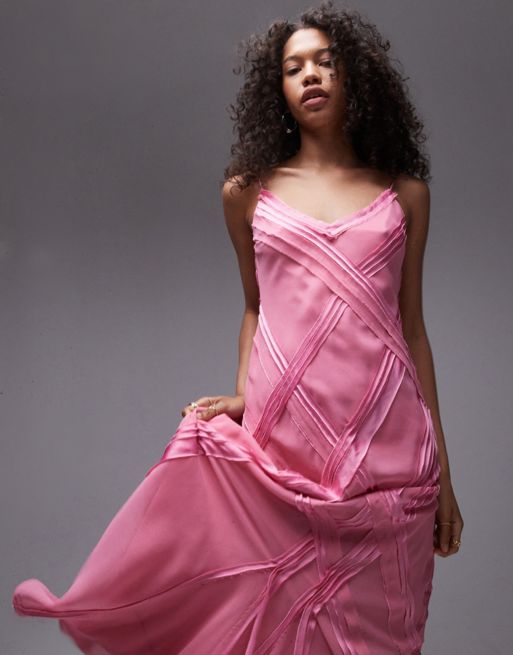 Topshop premium raw seam detail midi slip Board dress in sweet pink