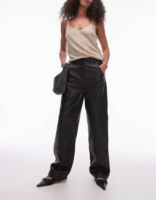 Premium real leather basic straight leg pants in black