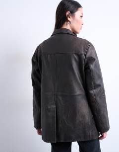 Model wearing Premium real leather blazer with patch pockets in washed black