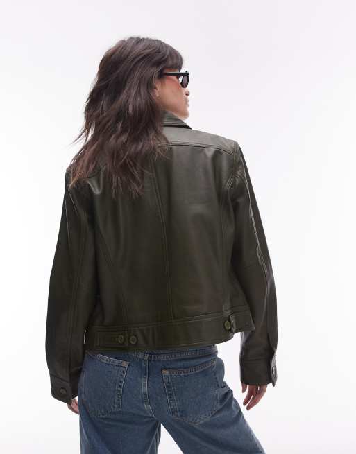 Topshop premium real leather boxy jacket in dark green, 2 of 4