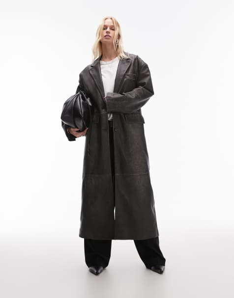Topshop premium real leather coat in washed black - view 1