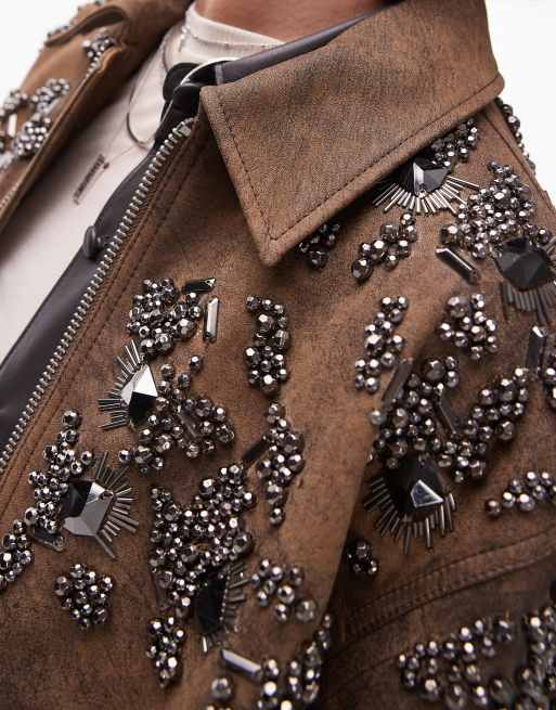 Topshop Premium real leather embellished bomber jacket in brown